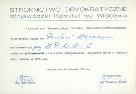 Podziękowanie dla skarbnika koła Stronnictwa Demokratycznego