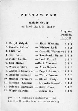 Totalizator sportowy - zestaw par rozgrywek piłkarskich