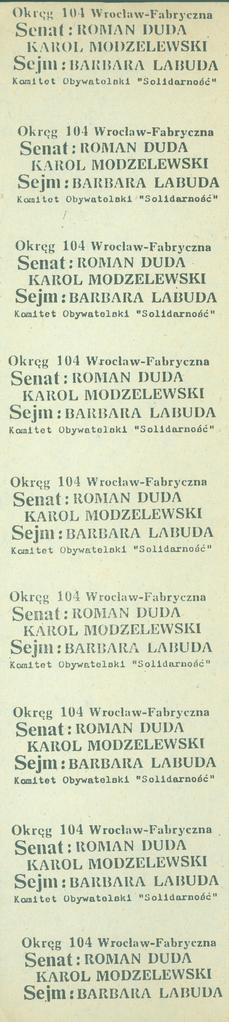 Okręg 104 Wrocław-Fabryczna. Senat: Roman Duda, Karol Modzelewski, Sejm: Barbara Labuda