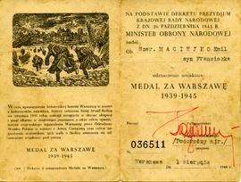 Legitymacja Odznaczenia Wojskowego "Medal za Warszawę 1939-1945"