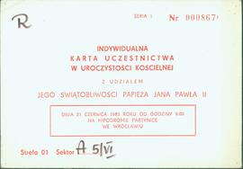 Indywidualna karta uczestnictwa w uroczystości kościelnej z udziałem Jego Świątobliwości papieża ...