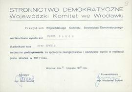 Podziękowanie dla skarbnika koła Stronnictwa Demokratycznego