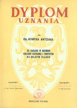 Dyplom uznania za zasługi w rozwoju kultury fizycznej i turystyki na Dolnym Śląsku: 20 lat Ziem Z...