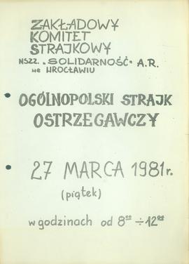 Zakładowy Komitet Strajkowy NSZZ. "Solidarność" A.R. we Wrocławiu: ogólnopolski strajk ...