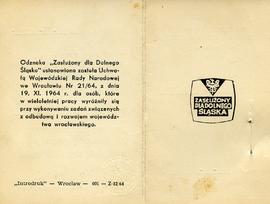 Legitymacja Srebrnej Odznaki "Zasłużony dla Dolnego Śląska"