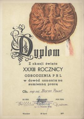 Dyplom Z okazji XXXIII Rocznicy Odrodzenia PRL