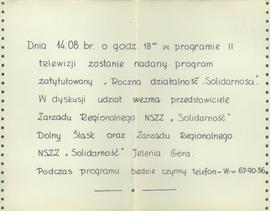 Ogłoszenie o emisji programu "Roczna działalność »Solidarności«"