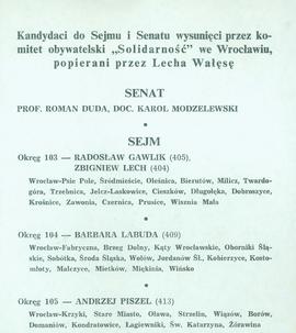 Kandydaci do Sejmu i Senatu wysunięci przez Komitet Obywatelski Solidarność we Wrocławiu, popiera...